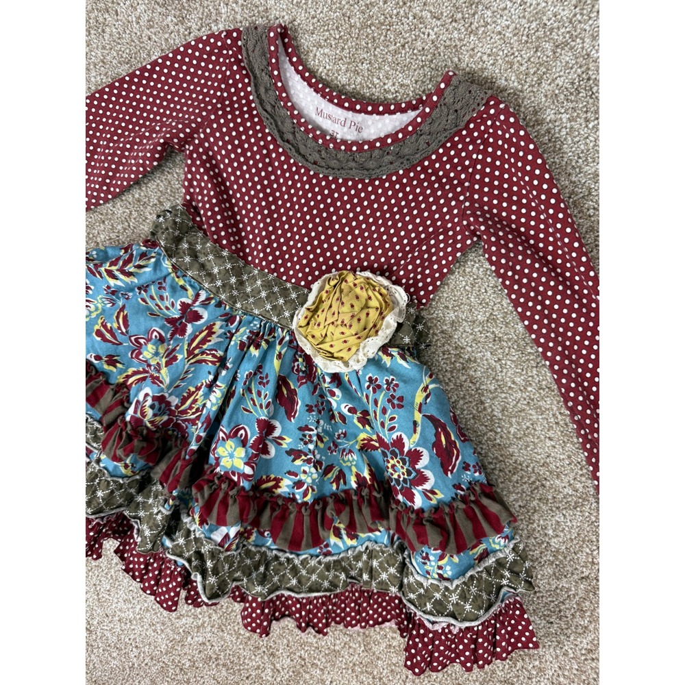 Mustard Pie Girls 3T Dress Twirl MJ Style Polka Dot Tiered Ruffle Red Blue 3